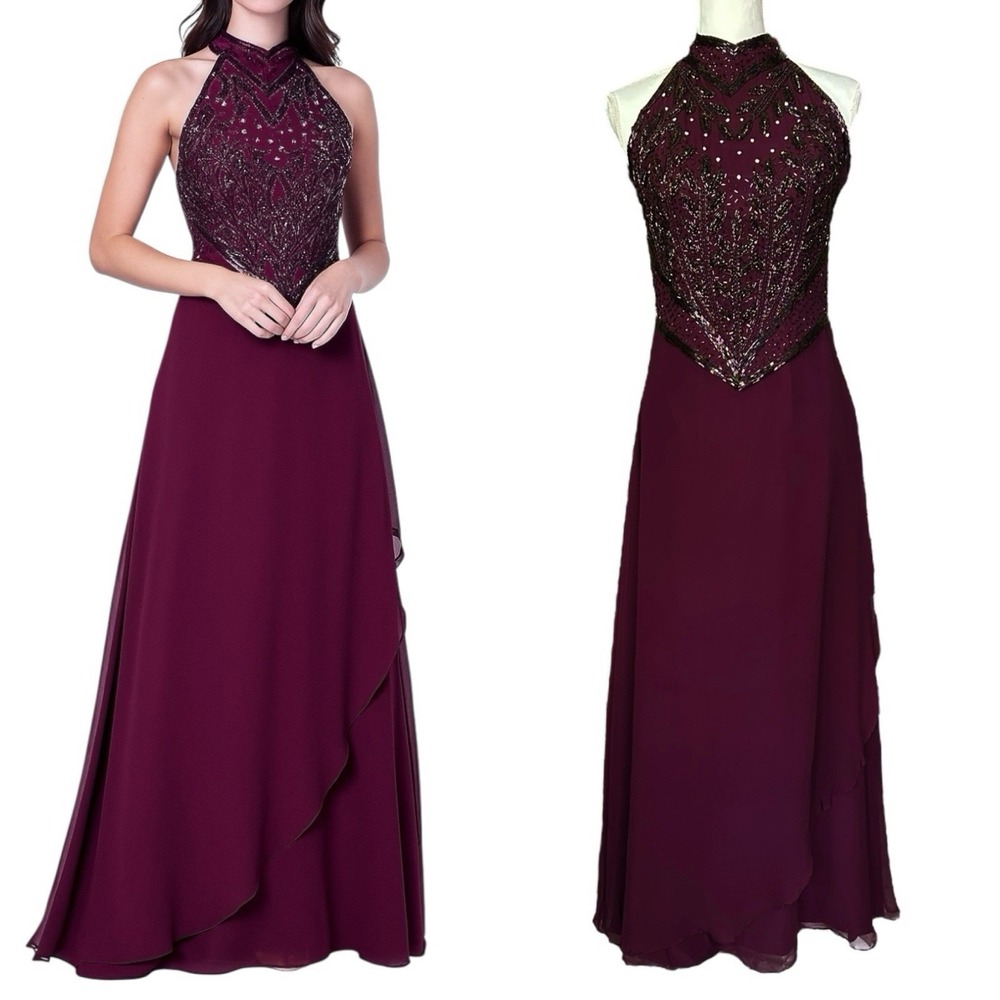 Vtg 90s JOVANI New York Purple Maxi Dress sz 10 Silk Beaded Rhinestone Formal